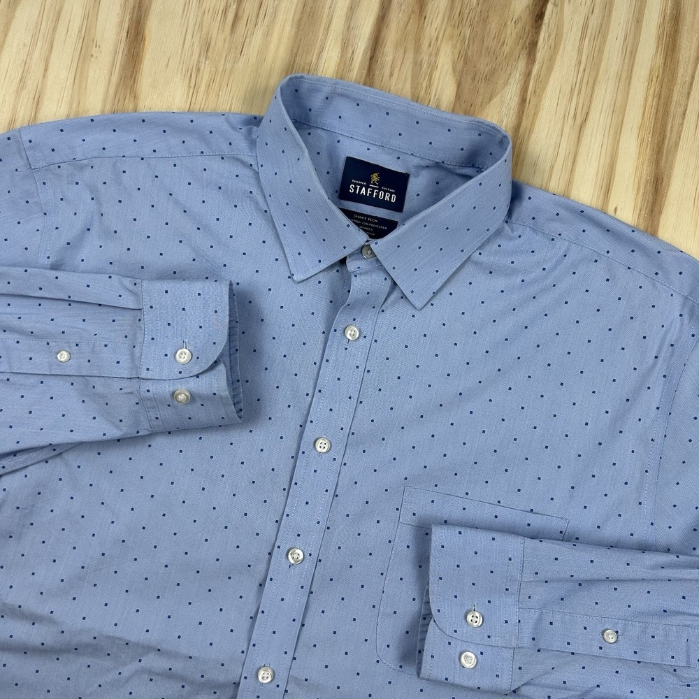 Stafford‎ Smart Tech Poplin Polka Dot Dress Shirt Blue XL 17-17.5 36-37 Travel